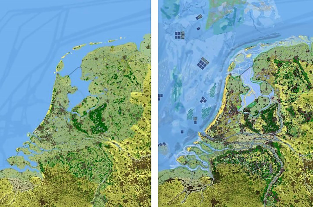 Links is nu en rechts is 2120, met meer groen. - Illustratie: WUR