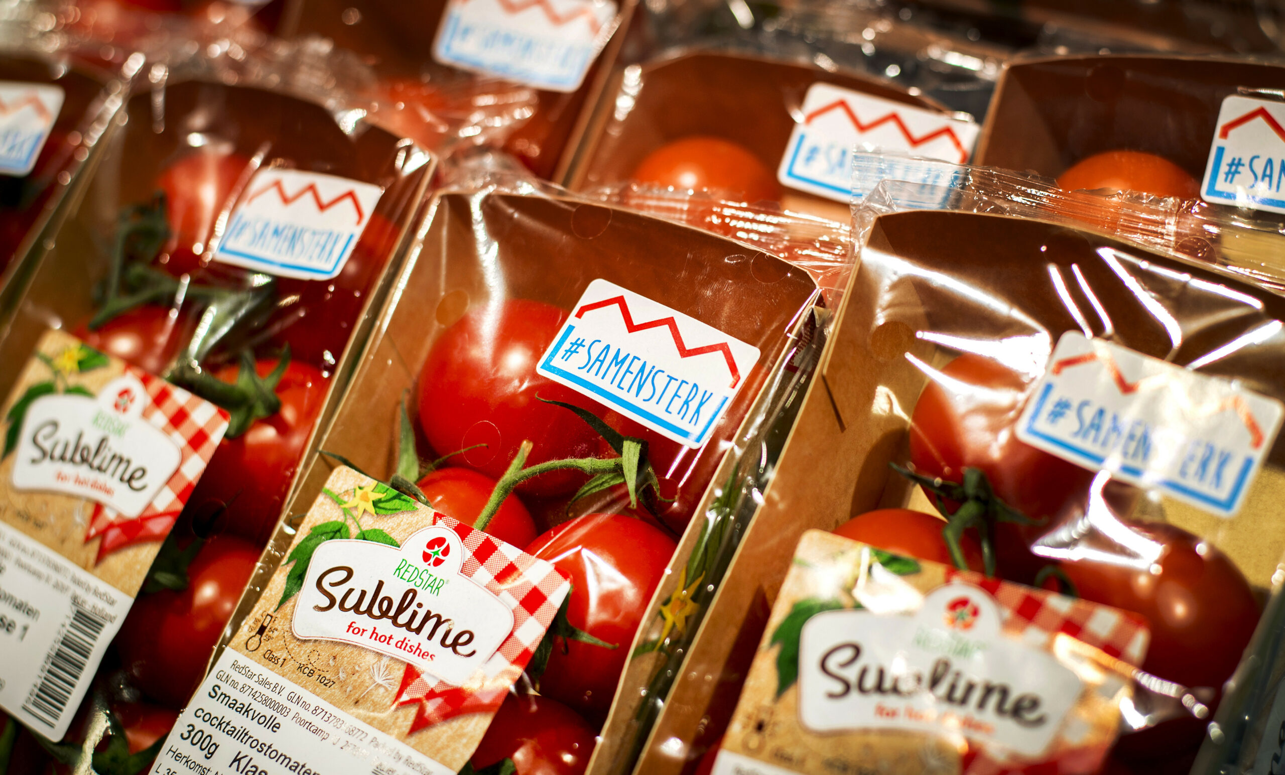 Tomaten met een #Samensterk sticker in het schap bij supermarkt Boni, 4 jaar geleden. Het initiatief was een reactie op de Russische boycot op groente en fruit die uit de Europese Unie afkomstig zijn. Diverse supermarktketens brachten op deze manier Nederlandse groente en fruit extra onder de aandacht bij consumenten. - Foto: ANP