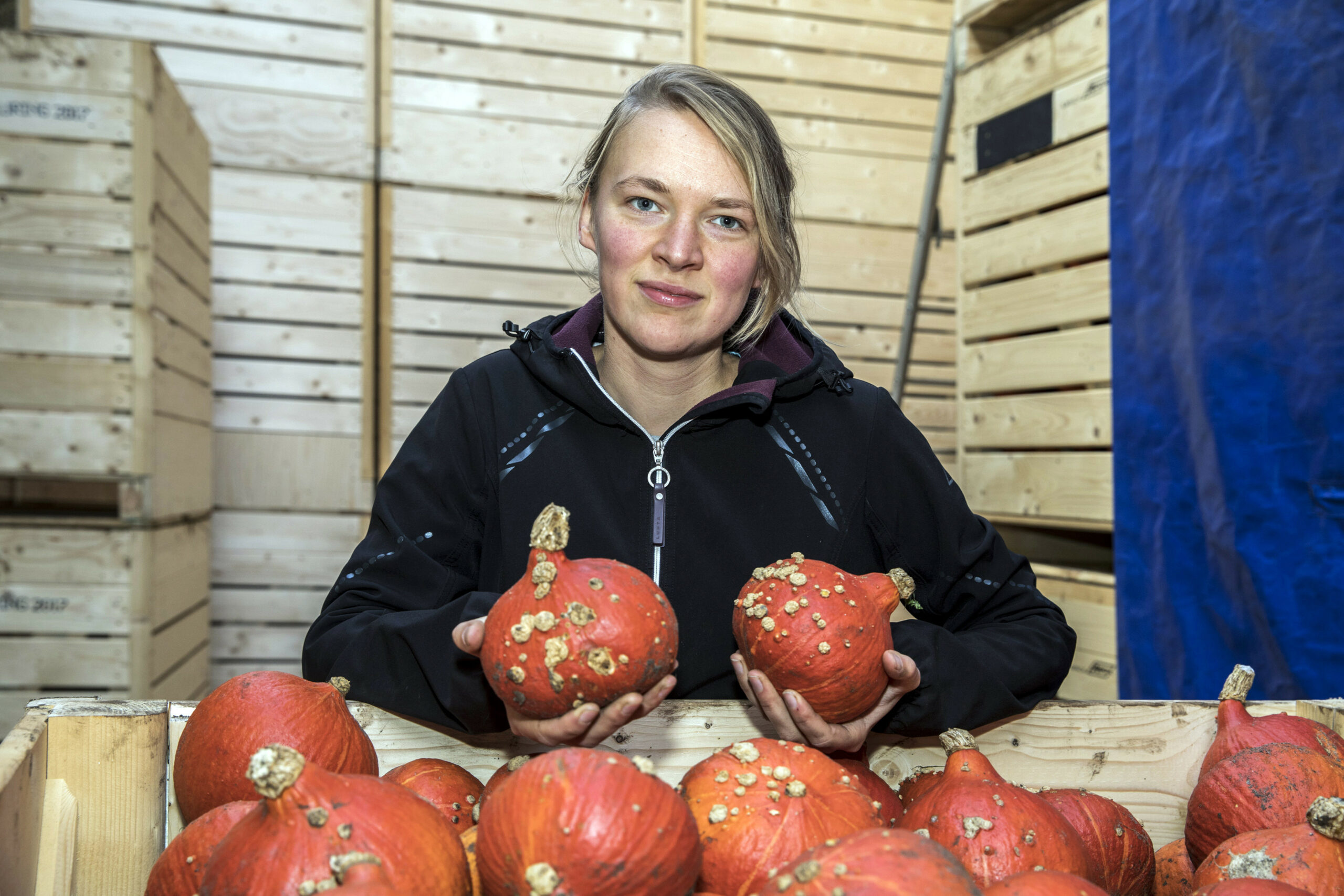 Marijke Luring met de beschadigde pompoenen. - Foto: Koos van der Spek