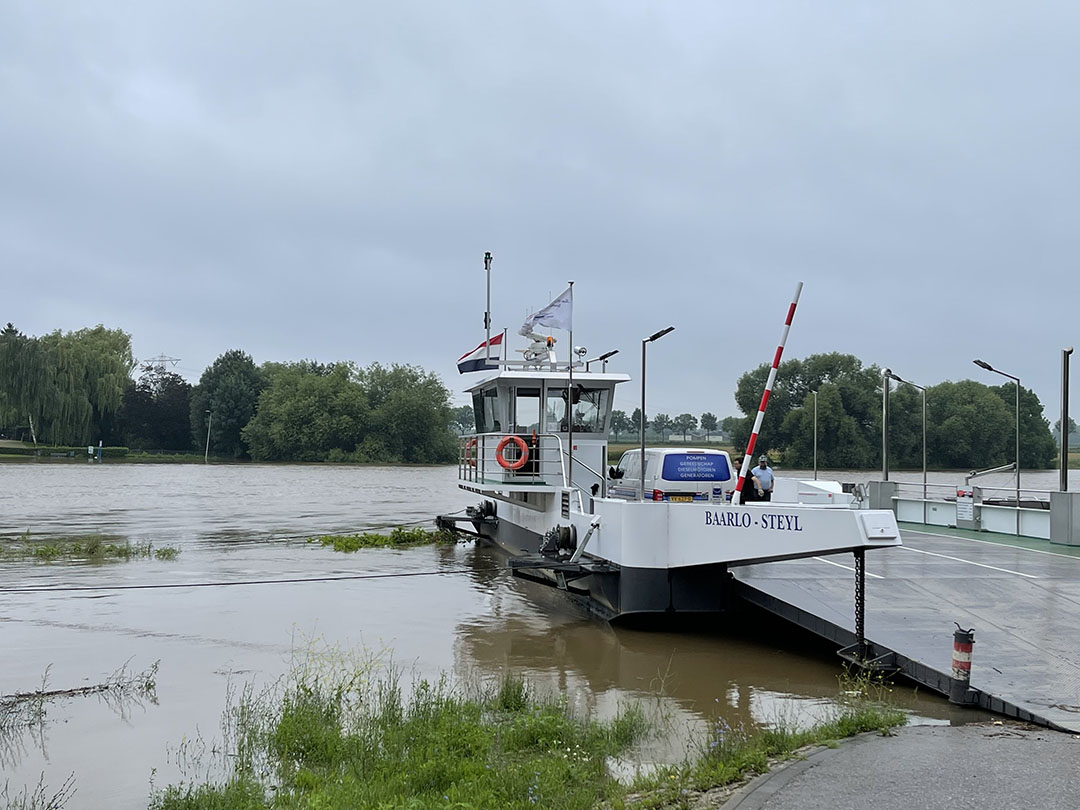 Het veer vaart weer, maar de kersenbomen van de Baarlose Fruitboerderij zijn onverkoopbaar door het hoger water. - Foto: ANP