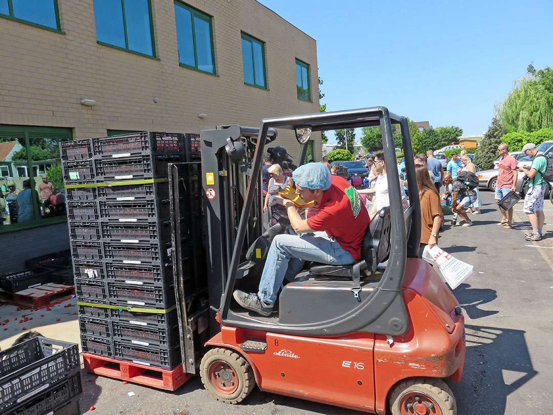 Een heftruck voert tomaatjes aan bij een weggeefactie. - Foto: Ton van der Scheer